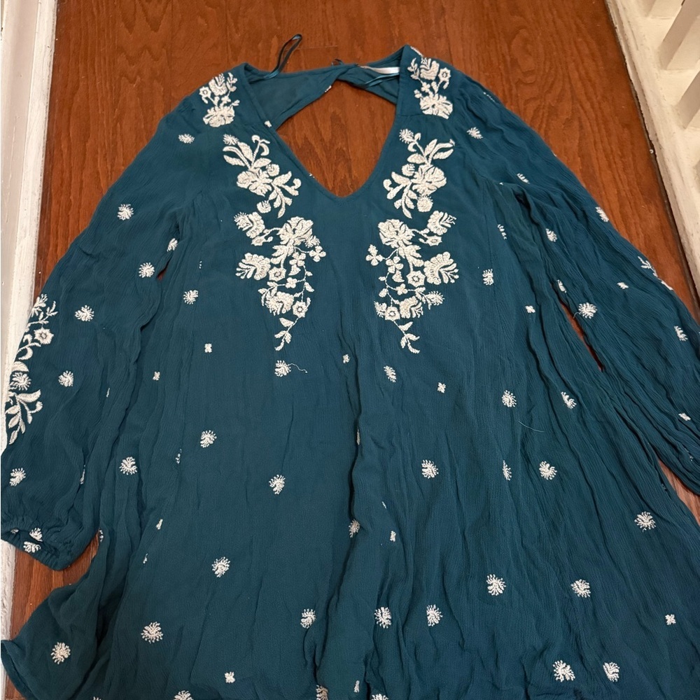 Free People Smooth‎ Talker Mini Dress Teal Blue Floral Embroidered Boho S Small